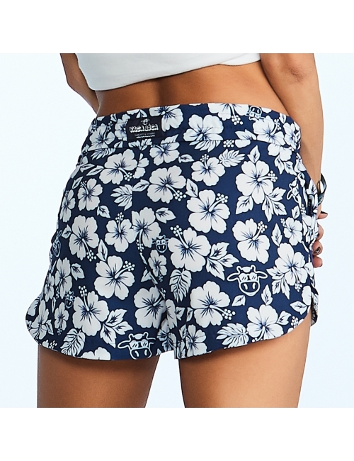 Short Feminino Praia Azul Marinho Floral Cós Liso 