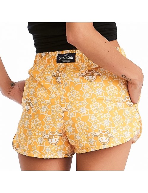 Short Feminino Praia Amarelo Floral Cós Elástico 