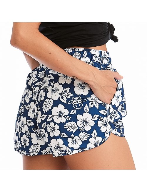 Short Feminino Praia Azul Marinho Floral Cós Elástico 