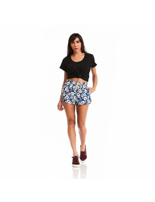 Short Feminino Praia Azul Marinho Floral Cós Elástico 