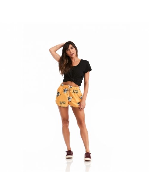 Short Feminino Praia Amarelo Não Aguenta Bebe Leite Cós Elástico