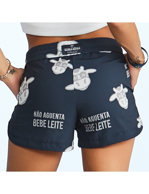 Short Feminino Praia Azul Marinho Não Aguenta Bebe Leite Cós Liso 