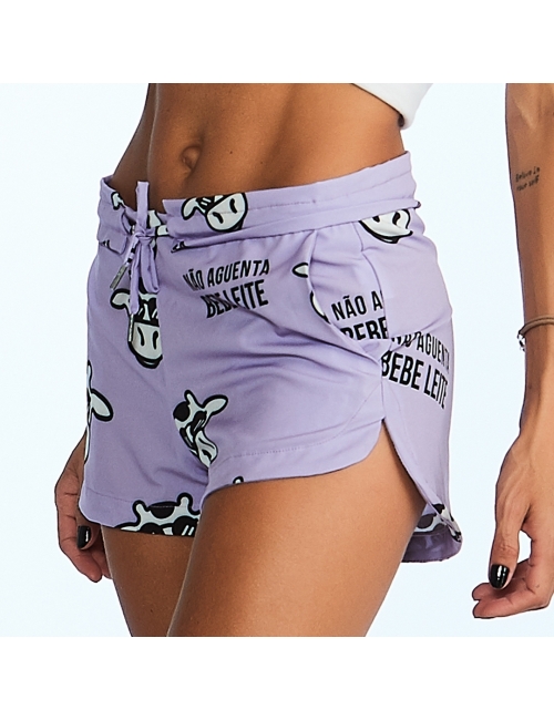 Short Feminino Praia Lavanda Não Aguenta Bebe Leite Cós Liso