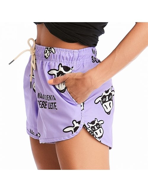 Short Feminino Praia Lavanda Não Aguenta Bebe Leite Cós Elástico 