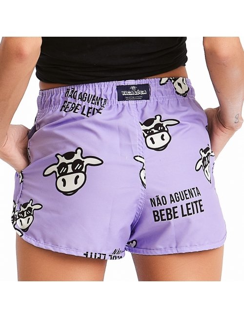 Short Feminino Praia Lavanda Não Aguenta Bebe Leite Cós Elástico 