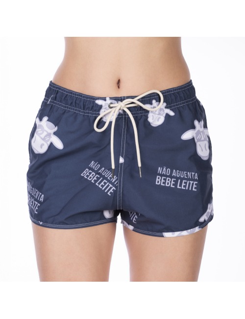 Short Feminino Praia Azul Marinho Não Aguenta Bebe Leite Cós Elástico 