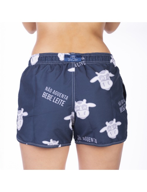 Short Feminino Praia Azul Marinho Não Aguenta Bebe Leite Cós Elástico 