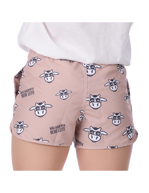 Short Feminino Praia Marrom Pastel Não Aguenta Bebe Leite Cós Elástico 