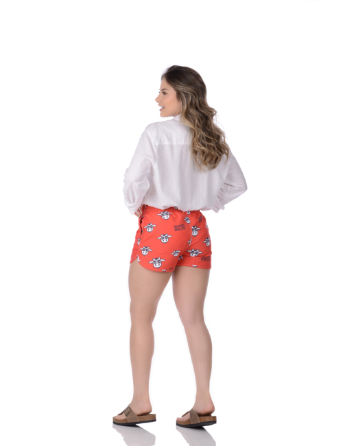 Short Feminino Praia Vermelho Ferrari Não Aguenta Bebe Leite Cós Elástico 