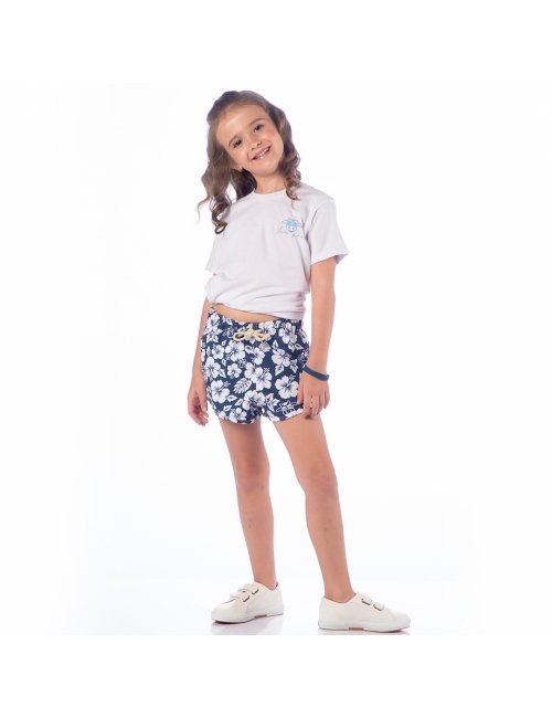 Short Infantil Praia Feminino Azul Marinho Floral 