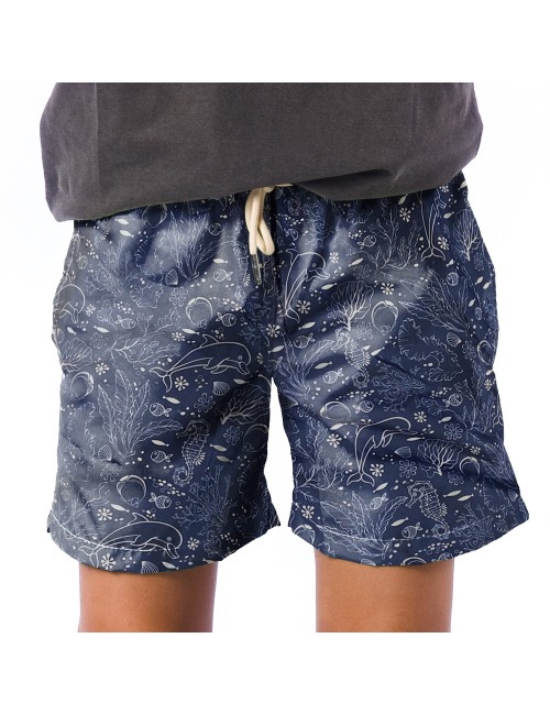 Short Infantil Praia Masculino Azul Marinho Oceano Fundo do Mar