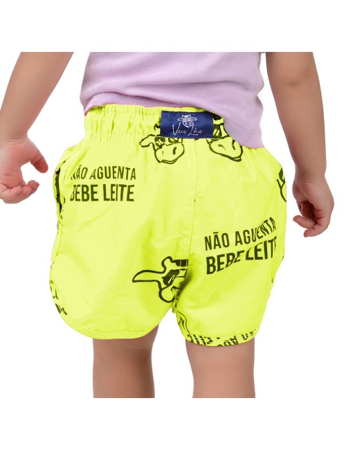 Short Infantil Praia Feminino Amarelo Neon Não Aguenta Bebe Leite