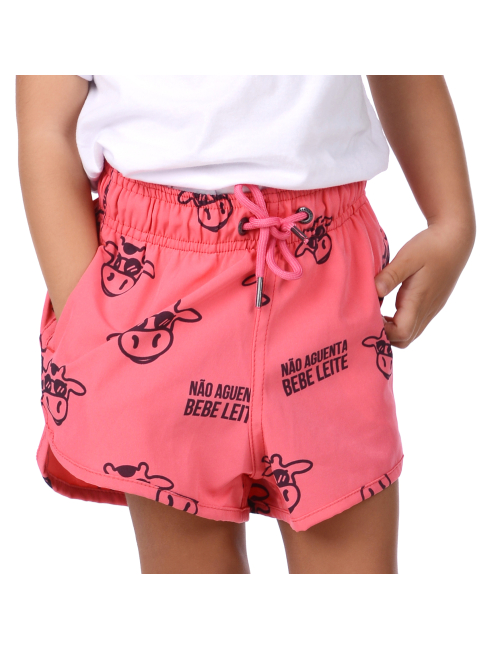 Short Infantil Praia Feminino Rosa Neon Não Aguenta Bebe Leite