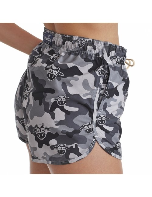 Short Feminino Praia Preto Camuflado Cós Elástico 