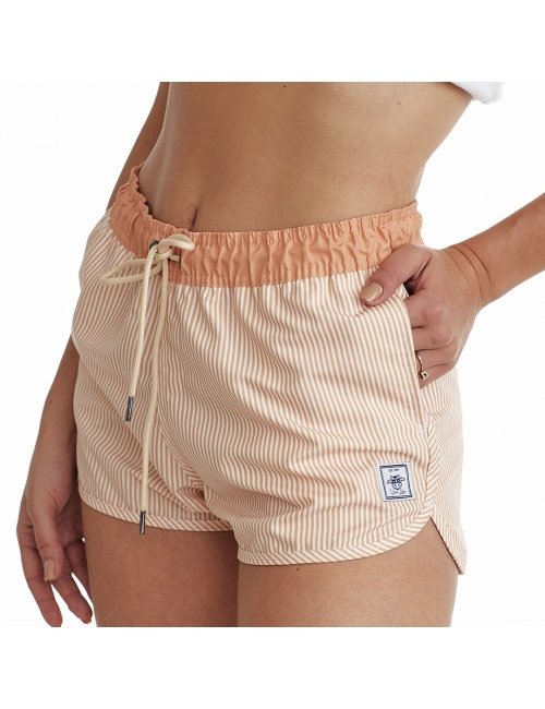 Short Feminino Praia Laranja Listrado Marrocos Cós Elástico