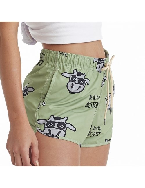 Short Feminino Praia Verde Não Aguenta Bebe Leite Cós Elástico 