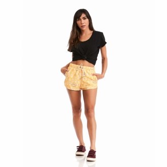 Short Feminino Praia Amarelo Floral Cós Elástico 