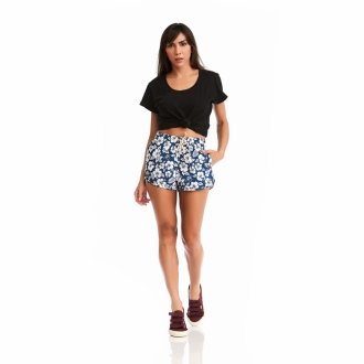 Short Feminino Praia Azul Marinho Floral Cós Elástico 