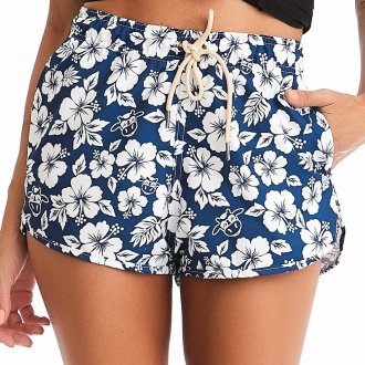 Short Feminino Praia Azul Marinho Floral Cós Elástico 