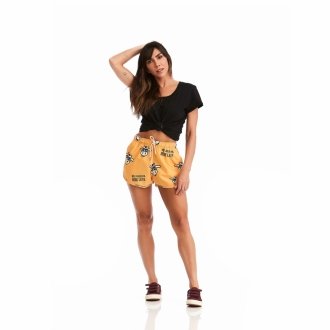 Short Feminino Praia Amarelo Não Aguenta Bebe Leite Cós Elástico