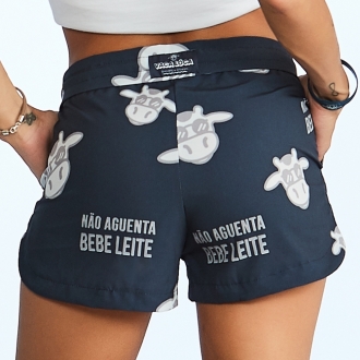 Short Feminino Praia Azul Marinho Não Aguenta Bebe Leite Cós Liso 