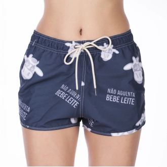 Short Feminino Praia Azul Marinho Não Aguenta Bebe Leite Cós Elástico 