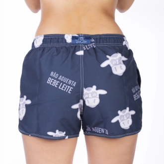 Short Feminino Praia Azul Marinho Não Aguenta Bebe Leite Cós Elástico 