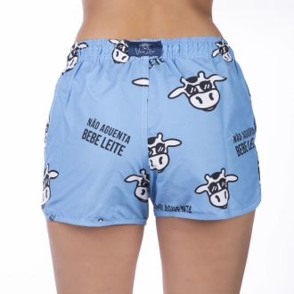 Short Feminino Praia Azul Pastel Não Aguenta Bebe Leite Cós Elástico 