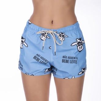 Short Feminino Praia Azul Pastel Não Aguenta Bebe Leite Cós Elástico 