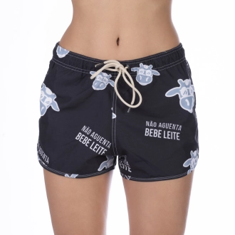 Short Feminino Praia Preto Com Cinza Não Aguenta Bebe Leite Cós Elástico 