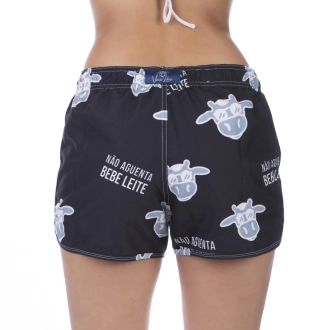 Short Feminino Praia Preto Com Cinza Não Aguenta Bebe Leite Cós Elástico 