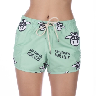 Short Feminino Praia Verde Pistache Pastel Não Aguenta Bebe Leite Cós Elástico 