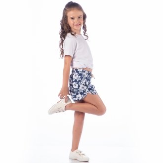 Short Infantil Praia Feminino Azul Marinho Floral 