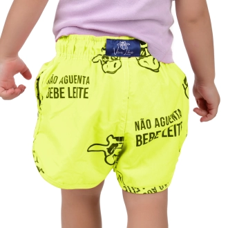 Short Infantil Praia Feminino Amarelo Neon Não Aguenta Bebe Leite