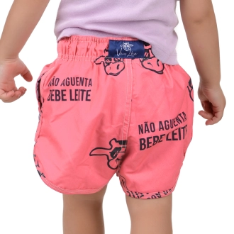 Short Infantil Praia Feminino Rosa Neon Não Aguenta Bebe Leite