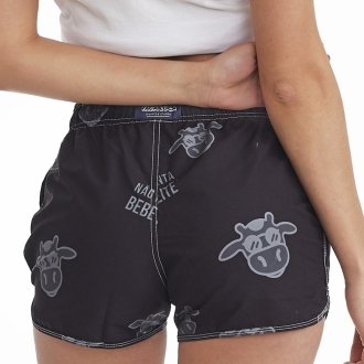 Short Feminino Praia Preto Não Aguenta Bebe Leite Cós Elástico 