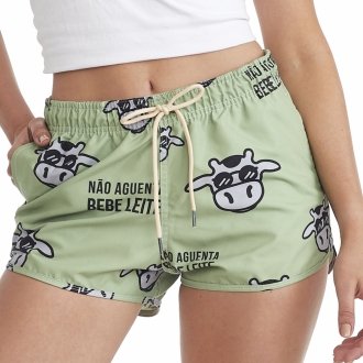 Short Feminino Praia Verde Não Aguenta Bebe Leite Cós Elástico 