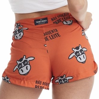 Short Feminino Praia Laranja Não Aguenta Bebe Leite Cós Liso 