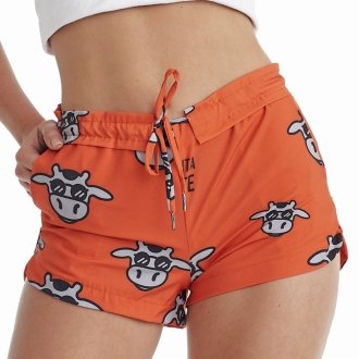 Short Feminino Praia Laranja Não Aguenta Bebe Leite Cós Liso 